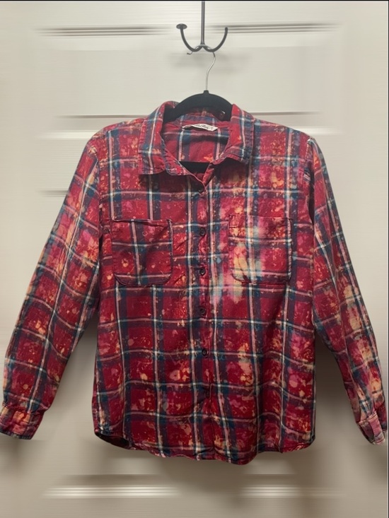 Vanilla Star Tops - Vanilla Star Red and Navy Plaid Button-Up with Bleach Accent
